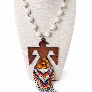 Rustic White and Brown Necklace with Thunderbird Pendant Gypsy South